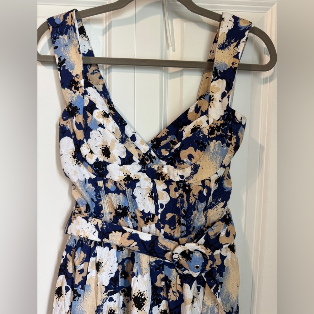 NWT Lulu’s Sunny Attraction Navy Floral Linen Bustier Belted Mini Dress Size M - Picture 3 of 8